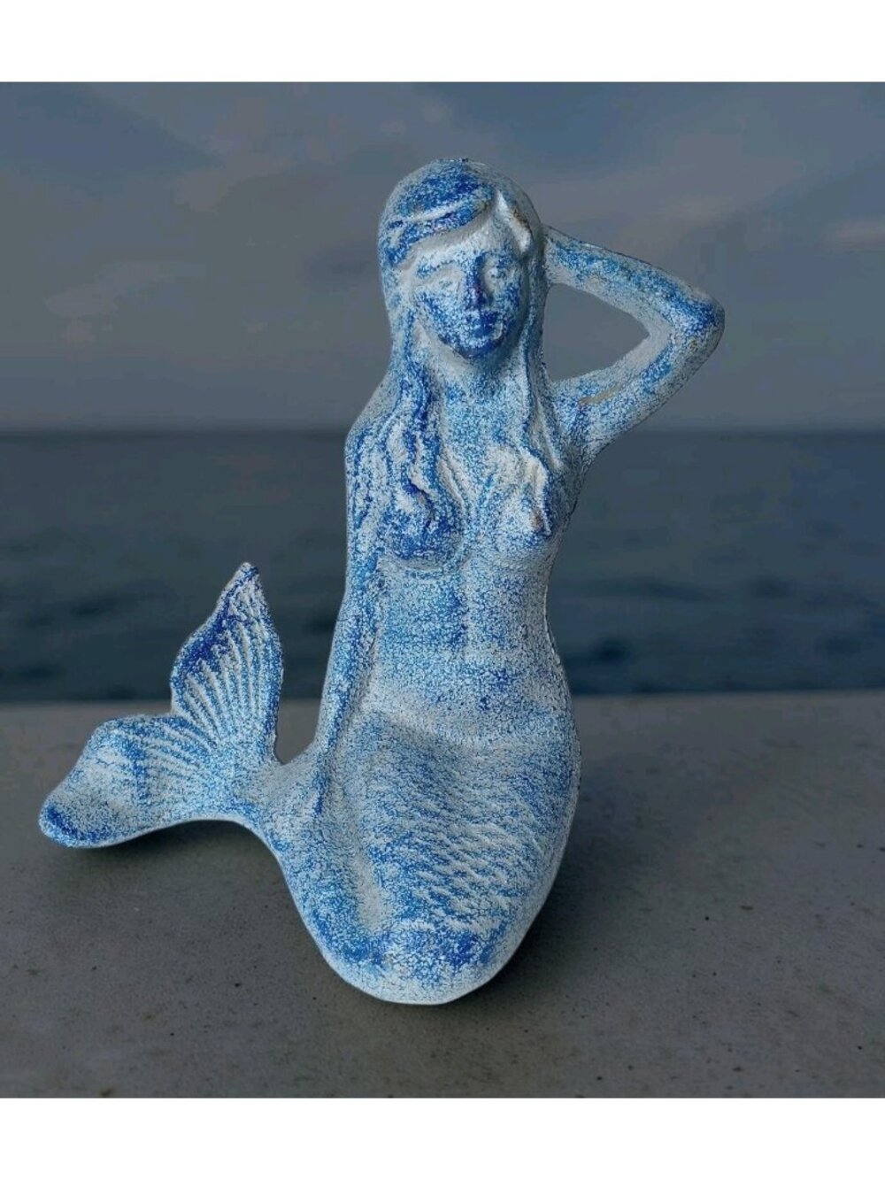 Cast Iron Sitting Mermaid Statue Nautical Siren Blue 6.5" Coastal Fantasy Ocean